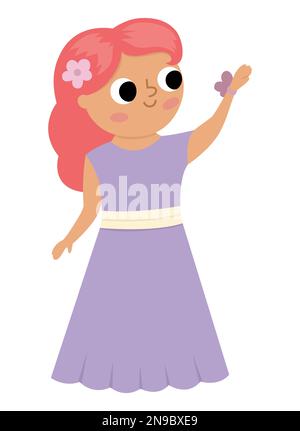 Illustrazione della bridesmaid vettoriale. Ragazza cute capelli rossi in vestito viola con fiore. Icona della cerimonia nuziale. Fumetto ospite matrimonio. Elegante immagine donna. Illustrazione Vettoriale