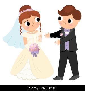 Illustrazione vettoriale con sposa e groom. Coppia appena sposata carina. Icona della cerimonia nuziale. Cartone animato scena matrimoniale con coppia appena sposata. Marito s Illustrazione Vettoriale