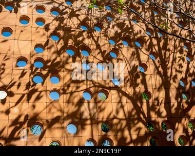 Ventilazione in terracotta parete in mattoni circolare con sfondo a parete con struttura circolare con ombra di albero. Cemento cemento aria decorazione esterna. Foto Stock