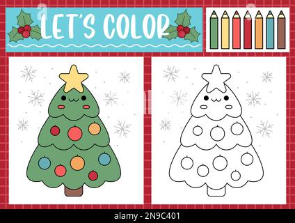 Pagina da colorare di Natale per bambini con carino kawaii albero decorato. Illustrazione vettoriale delle vacanze invernali. Libro a colori per bambini con exa colorata Illustrazione Vettoriale