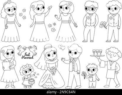 Set Vector bianco e nero con sposa, sposo e i loro ospiti. Carino appena sposato coppia con bridesmaids, sposi, bambini, cameriere, ufficiale di stato civile. Noi Illustrazione Vettoriale