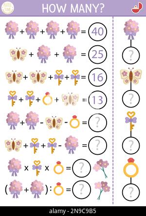 Quanti fiori gioco, equazione o rebus con mazzi carini. Attività di matematica di nozze per i bambini della scuola. Semplice cerimonia di matrimonio stampabile conteggio WO Illustrazione Vettoriale