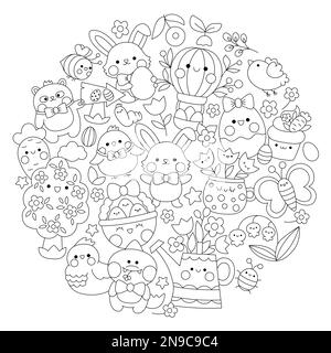 Pagina vettoriale da colorare a linea tonda di Pasqua per bambini con carini personaggi kawaii. Bianco e nero primavera vacanza illustrazione con divertente coniglietto, pulcini, ani Illustrazione Vettoriale