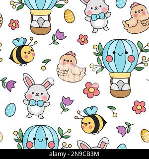 Modello Vector kawaii pasquale senza cuciture per bambini. Carino sfondo di ripetizione cartoon. Carta digitale con simboli tradizionali con uova colorate, coniglietto, pulcino, caldo Illustrazione Vettoriale