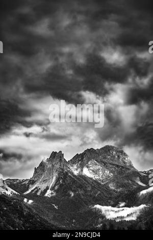 Un paesaggio bianco e nero delle Alpi francesi in un giorno tempestoso, cielo drammatico, spazio negativo, verticale Foto Stock