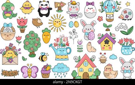 Vector kawaii clipart di Pasqua per bambini. Carino set di personaggi cartoni animati. Collezione di simboli tradizionali con coniglietto, uova colorate, uccello, pulcino, cesto, Illustrazione Vettoriale