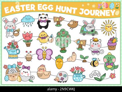 Vettore bianco e nero uovo di Pasqua caccia gioco di viaggio con simboli di vacanza. Kawaii primavera pianificatore, labirinto, calendario conto alla rovescia avvento per i bambini. Gar festivo Illustrazione Vettoriale