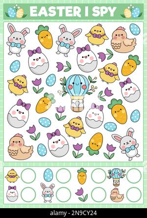 Pasqua i gioco spia per i bambini. Attività di ricerca e conteggio con simpatici simboli di vacanza kawaii. Foglio di lavoro stampabile primaverile per bambini in età prescolare. Simpl Illustrazione Vettoriale