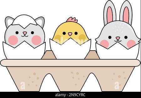 Imballaggio vettoriale con uova e animali da cova kawaii. Illustrazione di Pasqua con carino gatto, pulcino e coniglietto seduta in conchiglia. Icona della primavera per i bambini Illustrazione Vettoriale