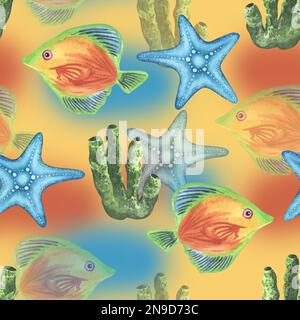 Motivo di pesce acquerello senza cuciture. Texture infinita. Disegno a mano. Pesce tang blu, pesce disco rosso, , corallo, conchiglia, Foto Stock