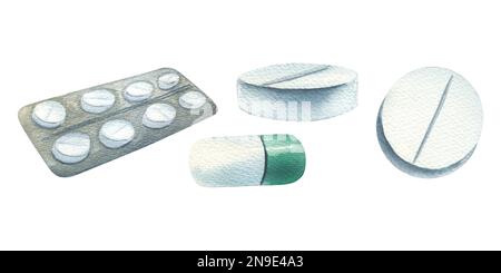 Compresse in un blister e separatamente in diverse angolazioni, medicinale in capsule. Illustrazione acquerello. un insieme di oggetti isolati su un bianco Foto Stock