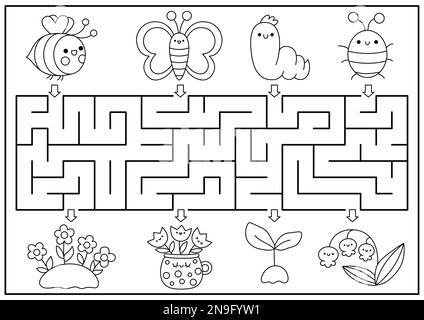 Labirinto primavera bianco e nero per bambini. Giardino geometrico prescolare attività stampabile con kawaii insetti, fiori. Festa di Pasqua labirinto gioco o c Illustrazione Vettoriale