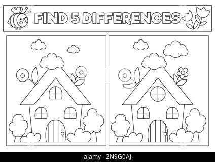 Giardino nero e bianco kawaii trovare differenze gioco. Pagina da colorare con bella casa di campagna. Puzzle linea vacanza primavera per bambini con divertente cartone animato cot Illustrazione Vettoriale