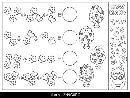 Primavera bianco e nero gioco di corrispondenza con carino kawaii fioritura alberi. Attività di matematica in giardino per i bambini. Foglio di lavoro educativo stampabile per il conteggio delle Pasqua Illustrazione Vettoriale