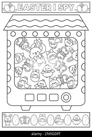 Pasqua bianco e nero i gioco spia per bambini con giocattolo distributore automatico. Attività di ricerca, conteggio. Pagina da colorare con simpatici simboli di vacanza kawaii. SPR Illustrazione Vettoriale