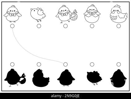 Pasqua ombra bianca e nera attività di abbinamento con gli uccelli. Puzzle di riconoscimento della forma delle vacanze primaverili con simpatici animali kawaii. Trovare la silhouette corretta Illustrazione Vettoriale