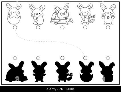 Attività di abbinamento delle ombre bianche e nere pasquali con coniglietti. Puzzle di riconoscimento della forma delle vacanze primaverili con simpatici animali kawaii. Trovare la silhouett corretta Illustrazione Vettoriale