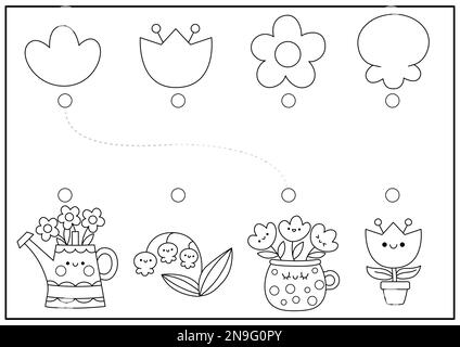 Attività di riconoscimento della forma in bianco e nero pasquale. Vacanza primaverile puzzle di corrispondenza con carino kawaii fiori. Individuare il modello corretto stampabile del modello Illustrazione Vettoriale
