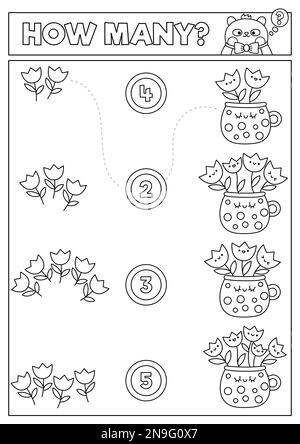Primavera bianco e nero gioco di corrispondenza con carino tulipani kawaii in tazza. Attività di matematica in giardino per i bambini. Foglio di lavoro Easter Counting stampabile educativo o. Illustrazione Vettoriale
