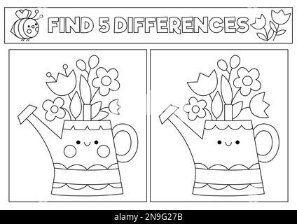 Giardino bianco e nero kawaii trovare differenze gioco per i bambini. Pagina da colorare con carino annaffiatoio e fiori. Primavera vacanza linea puzzle o acti Illustrazione Vettoriale