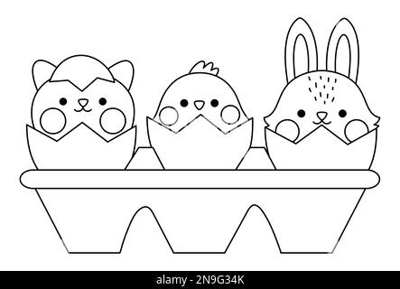 Imballaggi vettoriali in bianco e nero con uova e animali da cova kawaii. Illustrazione della linea di Pasqua con carino gatto, pulcino e coniglietto seduta in guscio. Carino Illustrazione Vettoriale