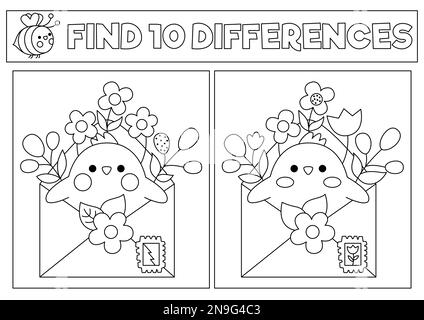 Primavera nero e bianco kawaii trovare differenze gioco. Pagina da colorare con pulcino carino in busta con fiori. Puzzle da giardino per bambini con simpatica simpatica Illustrazione Vettoriale