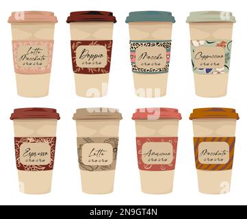 Set di diverse tazze da asporto: Espresso, cappuccino, americano, latte. Illustrazione Vettoriale