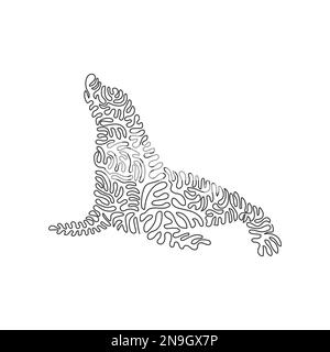 Curva continua disegno di una linea di adorabile leone di mare seduto. Immagine vettoriale del tratto modificabile a linea singola di leone marino a pinne lunghe Illustrazione Vettoriale
