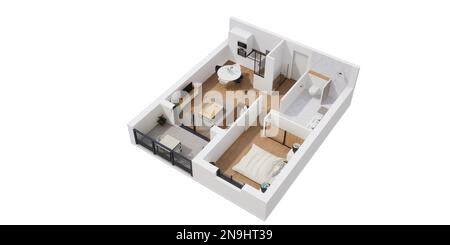 Un'illustrazione resa 3D di una pianta dell'appartamento isolata su uno sfondo bianco Foto Stock
