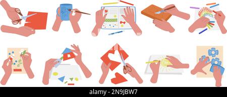 Laboratorio creativo per bambini, le mani creano pittura, ricamo o fai da te. Tessile e arte della carta, attività fatte a mano per bambini decente collezione vettoriale Illustrazione Vettoriale