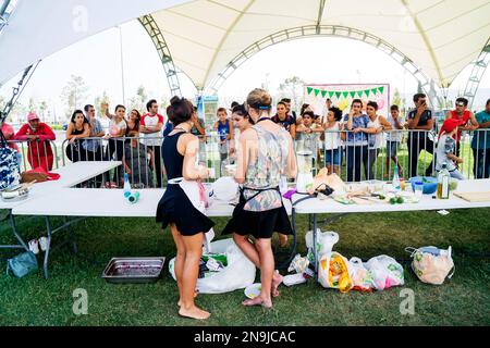 un ragazzo e una ragazza mostrano una master class sulla cucina dei piatti vegetariani. Foto Stock