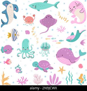 Personaggi acquatici di vita marina. Cartoni animati oceani, divertente creatura acquario. Carino balena, polpo di squalo. Set di animali vettoriali sottomarini oggi Illustrazione Vettoriale