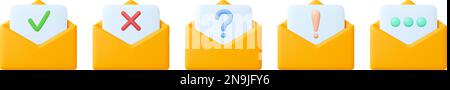 Invia tramite e-mail 3D lettere icone di buste gialle. Messaggi per ufficio in lettera, busta plastilina con foglio di carta. Domanda ed esclamazione, approvato e. Illustrazione Vettoriale