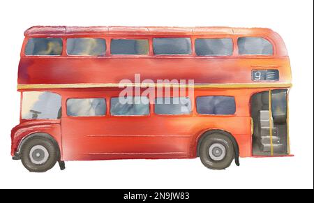 Autobus rosso nella città di Londra elemento acquerello Foto Stock