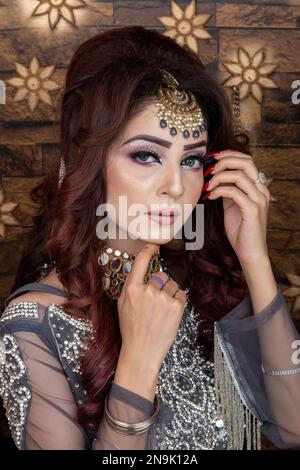 Sposa indiana vestita con abiti da sposa tradizionali. Foto Stock