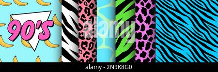 Collezione Style degli anni '90 di motivi senza cuciture. Set di grafica retrò per abbigliamento e tessuti ispirati alla musica e alla televisione nel 1990. Illustrazione Vettoriale