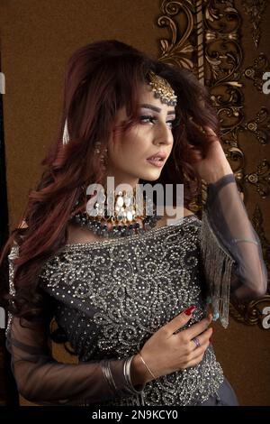 Sposa indiana vestita con abiti da sposa tradizionali. Foto Stock