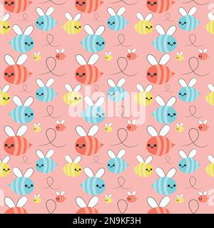 Ripetizione senza cuciture modello di Bee volanti colorate su sfondo rosa. Illustrazione Vettoriale