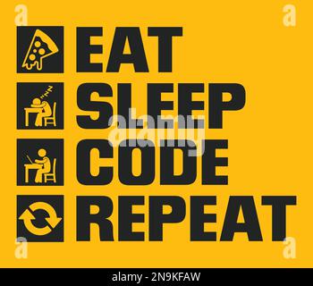 Infografica sulla vita quotidiana del programmatore. Mangiare codice di sonno ripetizione disegno tipografico vettoriale con icone Illustrazione Vettoriale