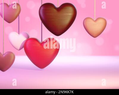 Cuori di legno su un fondo rosa tenue. Illustrazione digitale, rendering 3D. Foto Stock