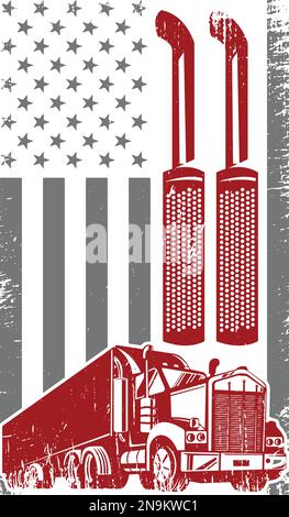 Vintage USA Trucker bandiera americana. Design della t-shirt per la guida di un camion. Illustrazione Vettoriale