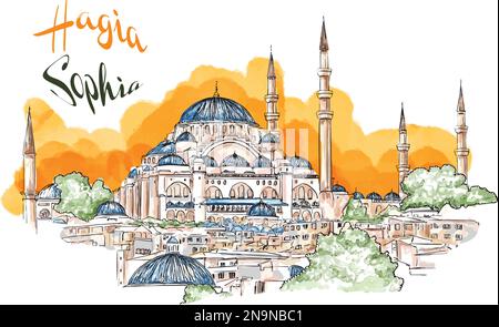 Acquerello disegno disegnato a mano di Aya Sofya, Moschea di Hagia Sophia, Istanbul, Turchia. Un famoso giro turistico della Turchia. Illustrazione Vettoriale