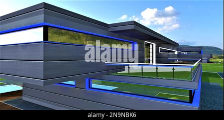 Moderno balcone della casa di lusso. Illuminazione giorno blu bianco della ringhiera di vetro e delle finestre come decorazione della facciata. rendering 3d. Foto Stock