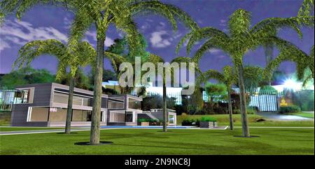 Meravigliosa serata tropicale sul territorio della lussuosa tenuta contemporanea con prato e palme appena tagliati ben curati. rendering 3d. Foto Stock