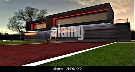 Casa suburbana moderna di nuova costruzione con garage interno. Elegante illuminazione notturna degli elementi della facciata. Vialetto in mattoni rossi con bordo bianco luminoso Foto Stock