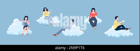Gli uomini d'affari si rilassano sulle soffici nuvole e bevono caffè o tè. Riposo del team dell'ufficio, meditazione a pranzo. Donne uomini sogno, caratteri vettoriali Illustrazione Vettoriale