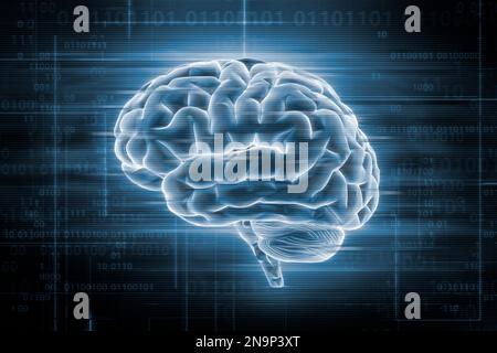Cervello umano con effetto glitch su sfondo blu e IT o illustrazione di rendering codice binario 3D. Intelligenza artificiale o intelligenza artificiale, tecnologia o tecnologia, Foto Stock