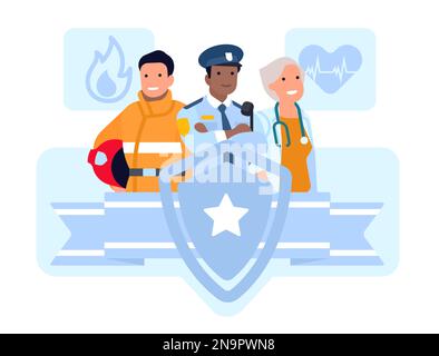 Team di salvataggio. Carriera nel servizio di emergenza. Ufficiale di polizia. Paramedico e vigile del fuoco. Schermo protettivo. Gruppo di dipendenti. Uomini e donne in uniforme. Giornata del lavoro Illustrazione Vettoriale