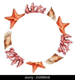 Cornice acquerello con conchiglie, coralli e stelle marine. Pittura a mano clipart oggetti subacquei vita su uno sfondo bianco isolato. Per i progettisti Foto Stock