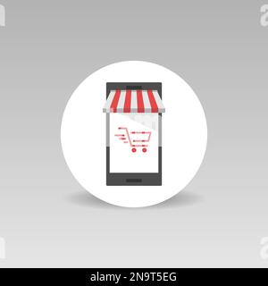 Online shopping concetto vettore rotondo icona rosso carrello Illustrazione Vettoriale